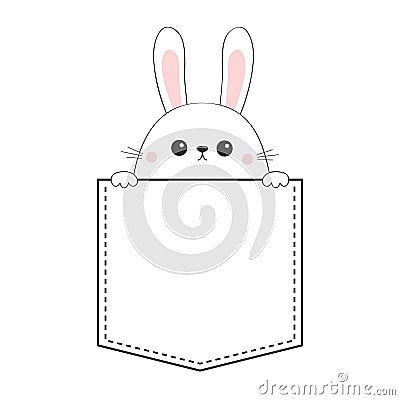 Rabbit hare face head icon sitting in the pocket. Holding paw hands. Contour line. Funny baby. Cute cartoon character. Love card. Vector Illustration