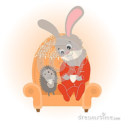 Rabbit, hare with hedgehog drink tea in pajamas on a vintage armchair, knitted napkin. Night before Christmas, new year Vector Illustration