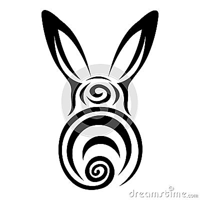 Rabbit, hare silhouette from the back is drawn by lines with curls, black spirals. Linear style, tattoo Vector Illustration