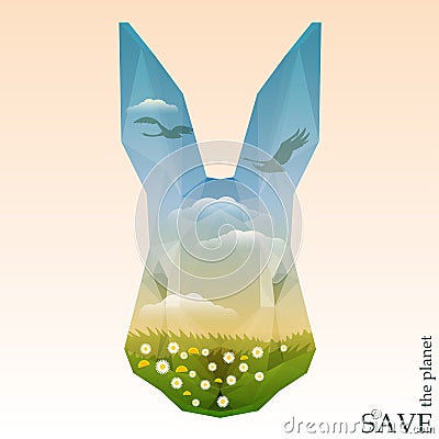 Rabbit head with green meadows and silhouettes of swans flying in the blue sky with clouds. Vector Illustration