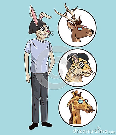 Rabbit hipster style casual dressed with icons animals Vector Illustration