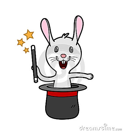 A Rabbit Holding a Magic Stick Coming out of a Magician`s Hat Performing Trick Vector Illustration