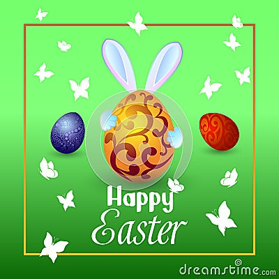 The rabbit holds a large Easter egg in his hands, butterflies fl Cartoon Illustration