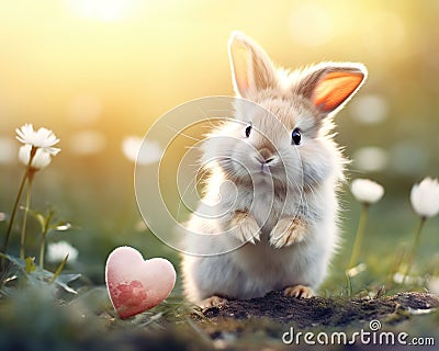 The rabbit holds a love heart. Stock Photo