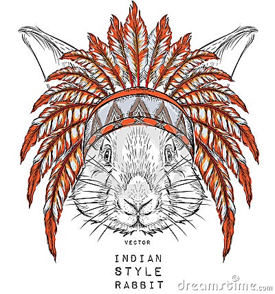 Rabbit in the Indian roach. Indian feather headdress of eagle Vector Illustration