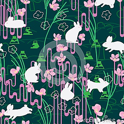 Rabbit Japan Sakura style line green seamless pattern Vector Illustration