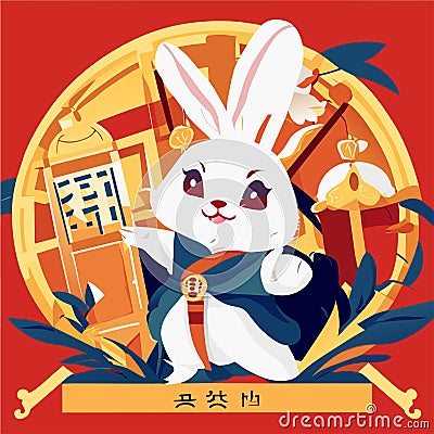 Rabbit in a kimono in Japan. Vector illustration. Generative AI Vector Illustration