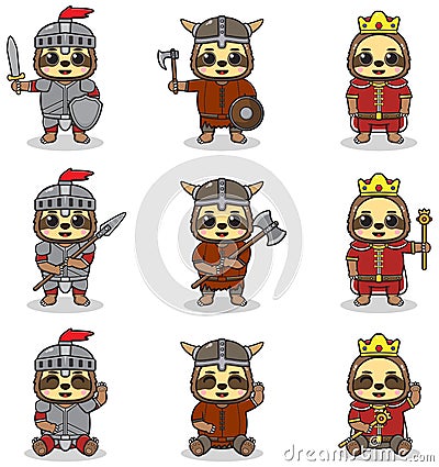 Vector illustrations of Sloth characters in various medieval outfits. Vector Illustration