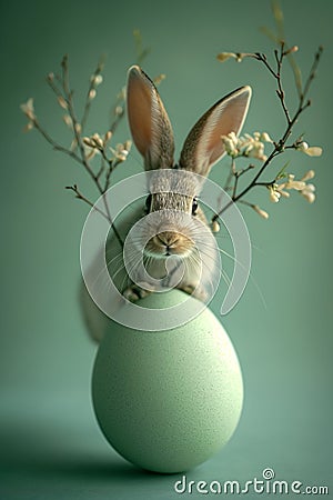 Rabbit with a large Easter egg on a soft green background. The image is generated with the use of an AI. Stock Photo