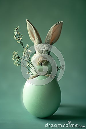 Rabbit with a large Easter egg on a soft green background. The image is generated with the use of an AI. Stock Photo