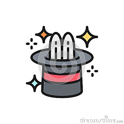 Rabbit in magic cylinder hat, circus flat color line icon. Vector Illustration