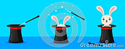 Rabbit magician hat. Magic hats with bunny ears, wizard conjure cylinder, circus show illusionist, abracadabra wand Vector Illustration