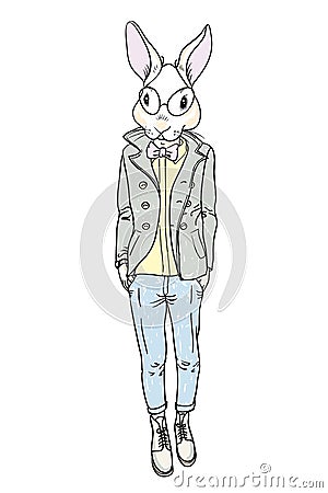 Rabbit-man model fashion man while standing against white background Vector Illustration