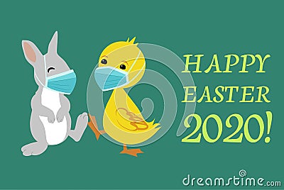 Easter Bunny and Duck wearing face masks and giving foot shake Vector Illustration