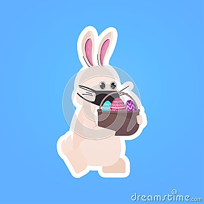 Rabbit in mask holding basket with eggs happy easter spring holiday coronavirus pandemic quarantine Vector Illustration