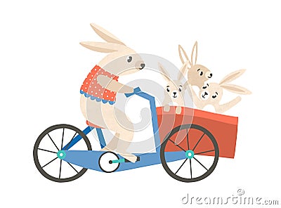 Rabbit mom with kids riding bicycle flat vector illustration. Cute animals family cartoon characters. Adorable mother Vector Illustration