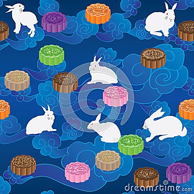 Rabbit moon cake horizontal cloud sky seamless pattern Vector Illustration