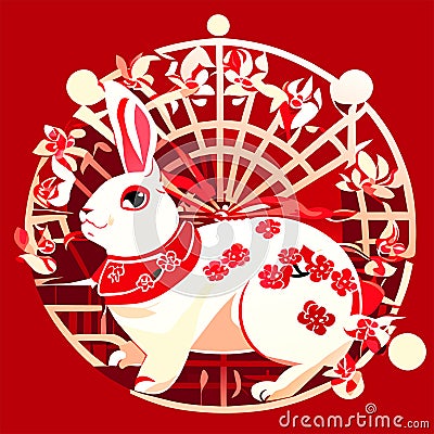 Rabbit New Year's card Japanese pattern background . (Chinese translation : Happy New Year) Generative AI Vector Illustration