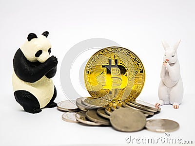 Rabbit and panda figures praying for bitcoin Stock Photo