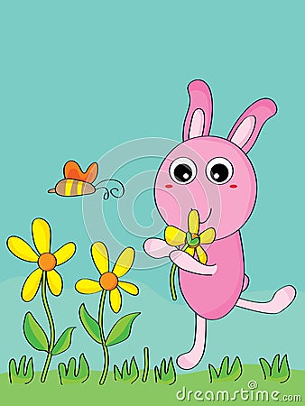 Rabbit pick flower Vector Illustration