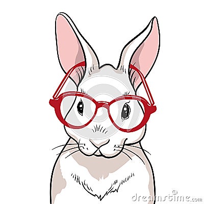 Rabbit portrait with red glasses isolated. Rabbit on a white background Vector Illustration