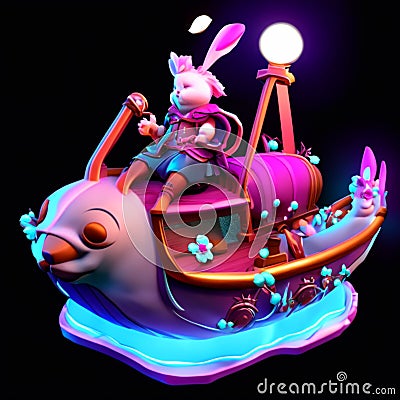 rabbit riding on a toy boat, 3d digitally rendered illustration Generative AI Cartoon Illustration