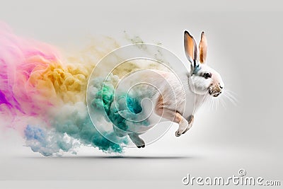 Rabbit runs fast in the colourful cloud of smoke or dust. Easter is coming. Generative ai Stock Photo