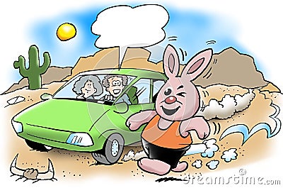 The rabbit runs much stronger than the electric car Stock Photo