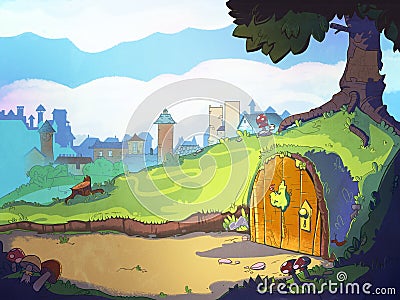 Rabbit's home hole under the tree. Cartoon Illustration