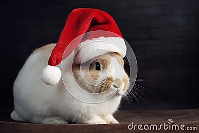 Rabbit in a Santa hat is waiting for the holiday of the new year and Christmas Stock Photo