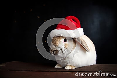 Rabbit in a Santa hat is waiting for the holiday of the new year and Christmas Stock Photo