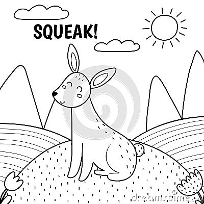 Rabbit saying squeak black and white print. Cute farm character on a green pasture making a sound Vector Illustration