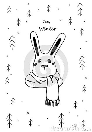 Rabbit in scarf on snowy forest background. Cozy winter card. Hand drawn line illustration in black color on white background. Cartoon Illustration