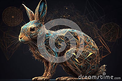 A rabbit is shown in a graphic style line art gold and blue colour Stock Photo