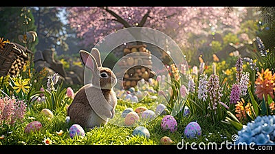 A rabbit sits in a garden among flowers and Easter eggs. Generated AI Stock Photo