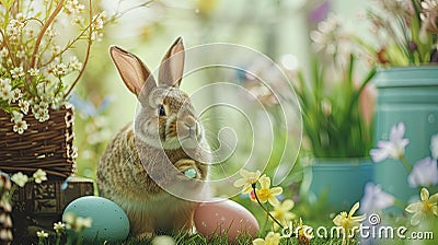 A rabbit sits in the garden next to a bed of flowers. Generated AI Stock Photo