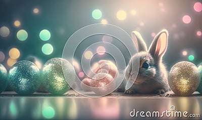 a rabbit sitting in front of a group of shiny eggs on a table with a blurry background of colored lights in the back ground Stock Photo