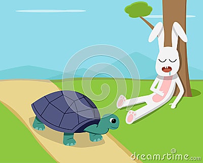 Rabbit sleep under tree while tortoise run on road Vector Illustration