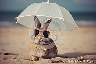 Rabbit under an umbrella on the beach in sunny weather is resting Stock Photo