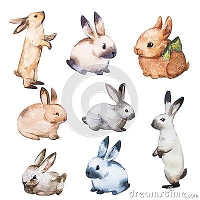 Rabbit Watercolor Set Flat Illustration. Isolated Colorful Cute Baby Bunny Collection. Pretty Little Hare Character Stock Photo