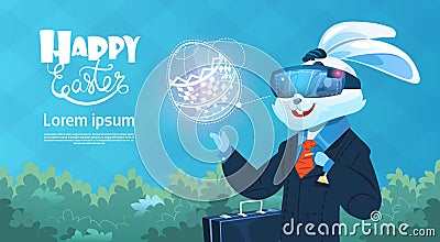 Rabbit Wear Digital Glasses Virtual Reality Decorated Eggs Easter Holiday Greeting Card Vector Illustration