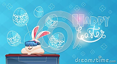 Rabbit Wear Digital Glasses Virtual Reality Decorated Eggs Easter Holiday Greeting Card Vector Illustration