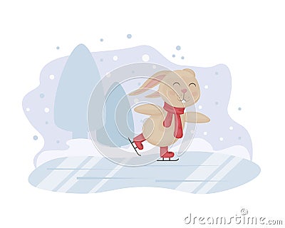 Rabbit. Winter illustration with the image of a cute rabbit skating. Rabbit on ice. Children s Christmas illustration Vector Illustration