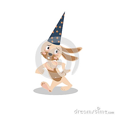 Rabbit wizard in a hat with stars. A cute cartoon rabbit is walking forward. Vector Illustration