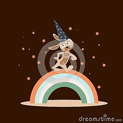 Rabbit wizard in a hat with stars. A cute cartoon rabbit walking forward on a rainbow Cartoon Illustration