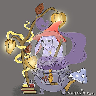 Rabbit wizard makes a potion Cartoon Illustration