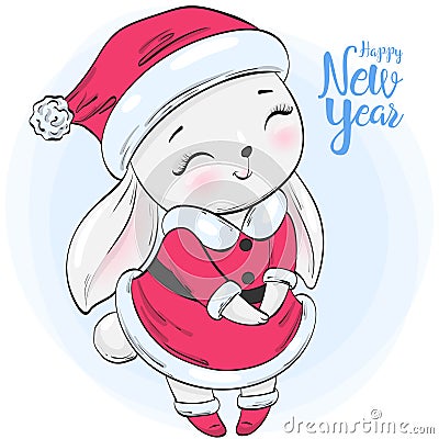 Hand drawn beautiful cute winter rabbit girl. Vector Illustration