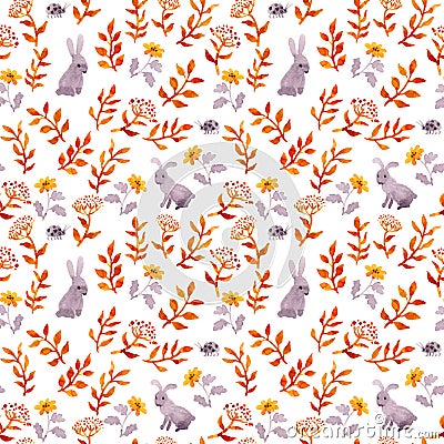 Rabbits, birds, ladybugs, autumn leaves. Repeating cute ditsy pattern. Watercolor Stock Photo