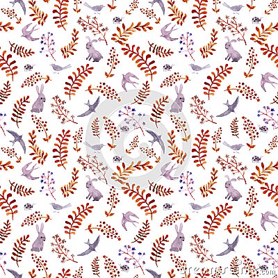 Rabbits, birds, ladybugs, autumn leaves. Repeating cute ditsy wallpaper. Watercolor Stock Photo