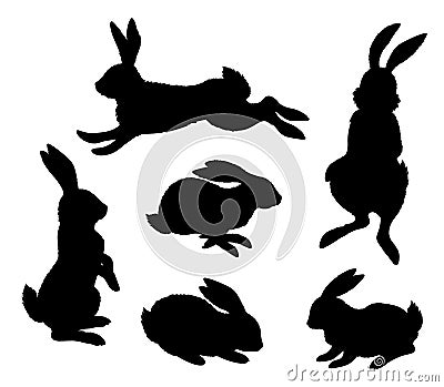 Rabbits. Black silhouette on white background Vector Illustration